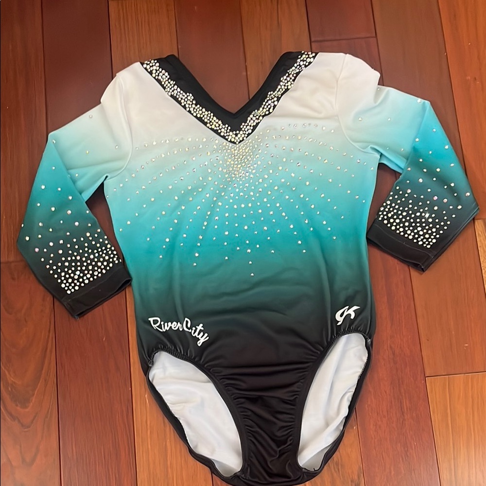 GK Elite Blue and Black Leotard with Rhinestones